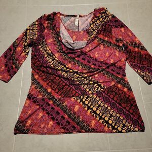 ICY Womens Multicolor Floral 3/4 Sleeve Round Neck Pullover Blouse Top Size 1XL